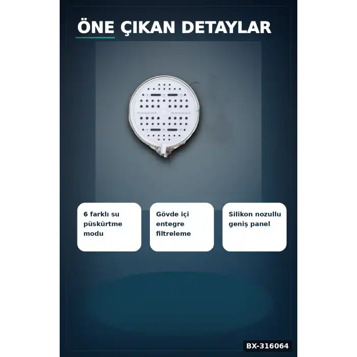 Filtreli Duş Başlığı 6 Modlu Geniş Panel Silikon Nozullu Banyo Duş Başlığı Beyaz BX-316064