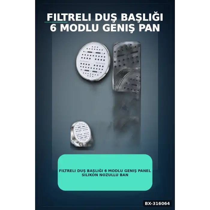 Filtreli Duş Başlığı 6 Modlu Geniş Panel Silikon Nozullu Banyo Duş Başlığı Beyaz BX-316064