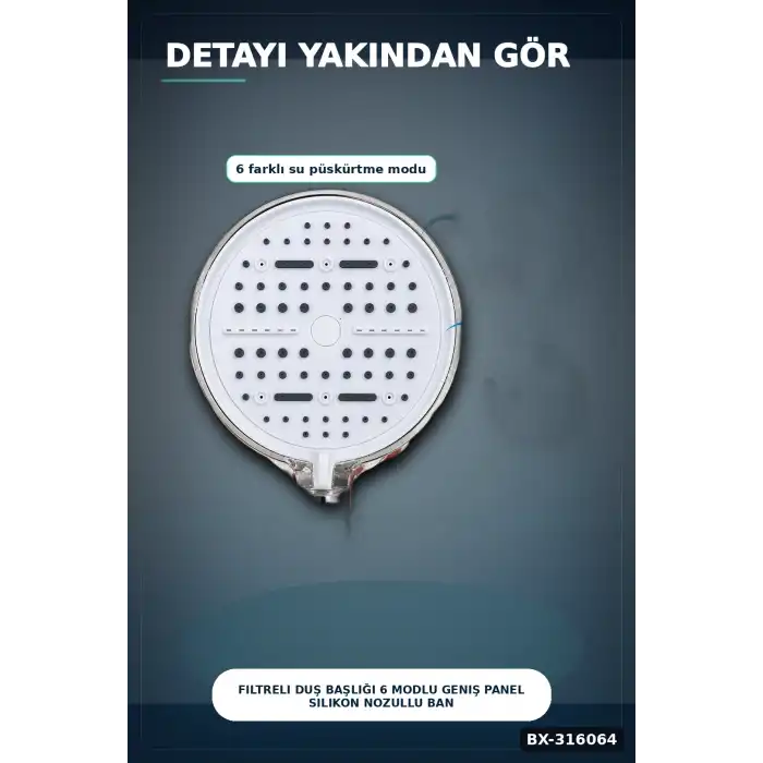 Filtreli Duş Başlığı 6 Modlu Geniş Panel Silikon Nozullu Banyo Duş Başlığı Beyaz BX-316064