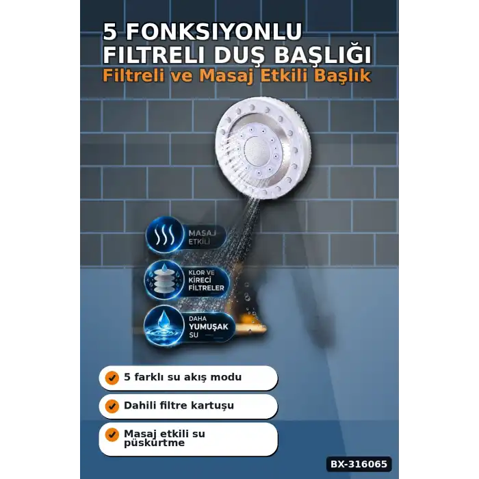 5 Fonksiyonlu Filtreli Duş Başlığı, Kireç ve Klor Arıtmalı El Duşu Beyaz BX-316065