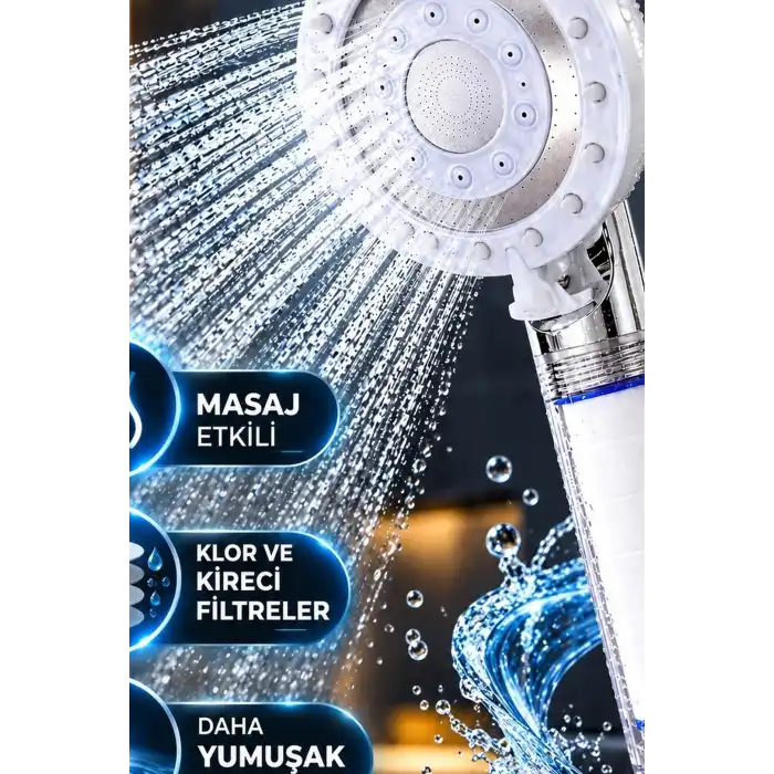 5 Fonksiyonlu Filtreli Duş Başlığı, Kireç ve Klor Arıtmalı El Duşu Beyaz BX-316065