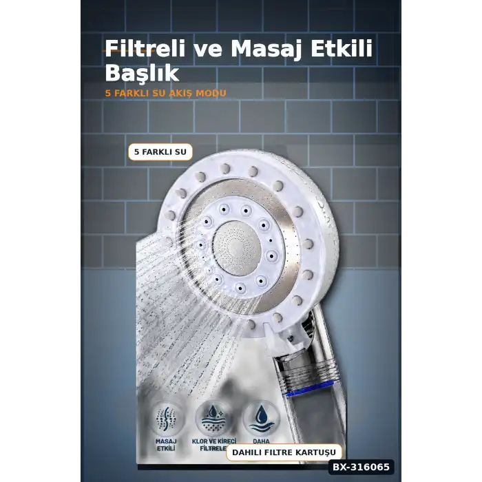 5 Fonksiyonlu Filtreli Duş Başlığı, Kireç ve Klor Arıtmalı El Duşu Beyaz BX-316065