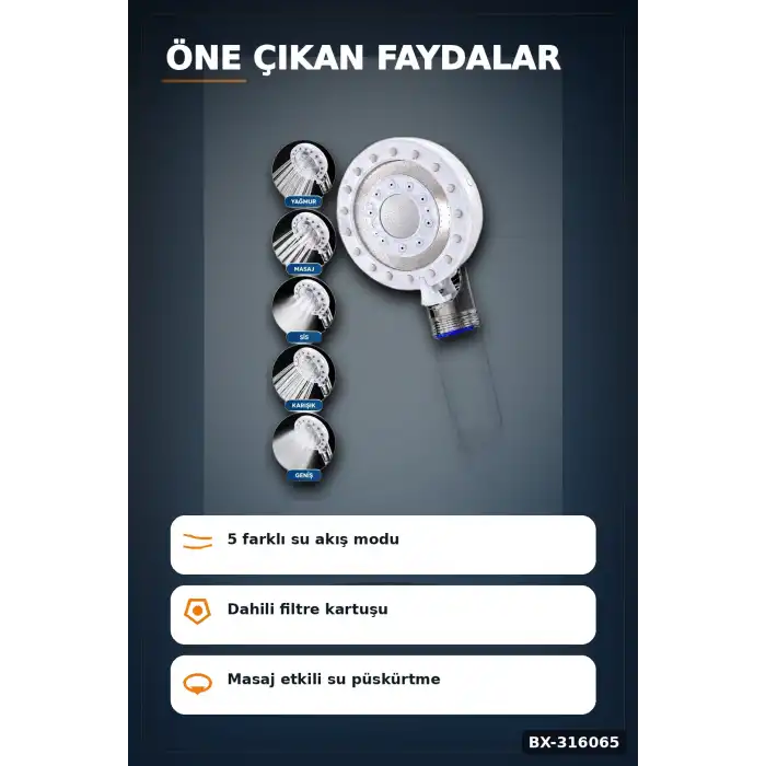 5 Fonksiyonlu Filtreli Duş Başlığı, Kireç ve Klor Arıtmalı El Duşu Beyaz BX-316065