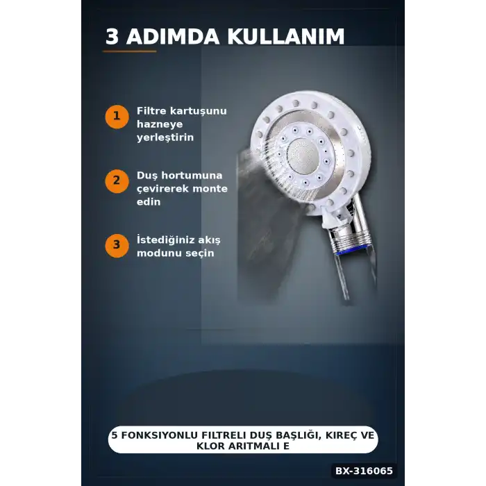 5 Fonksiyonlu Filtreli Duş Başlığı, Kireç ve Klor Arıtmalı El Duşu Beyaz BX-316065