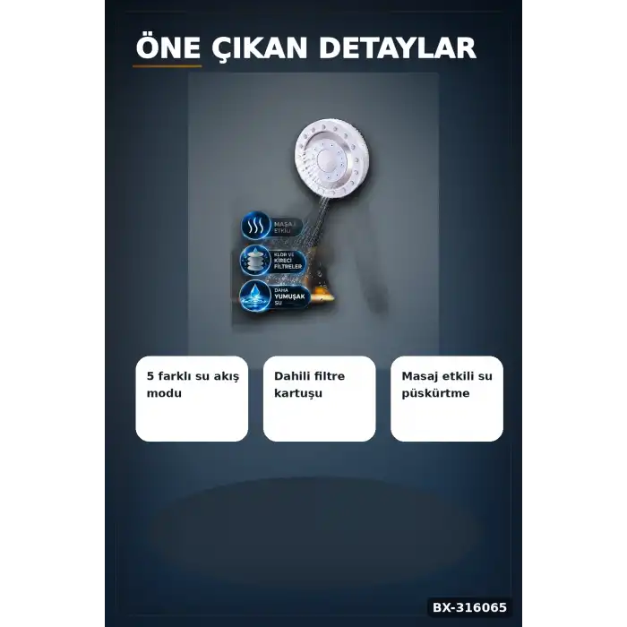 5 Fonksiyonlu Filtreli Duş Başlığı, Kireç ve Klor Arıtmalı El Duşu Beyaz BX-316065