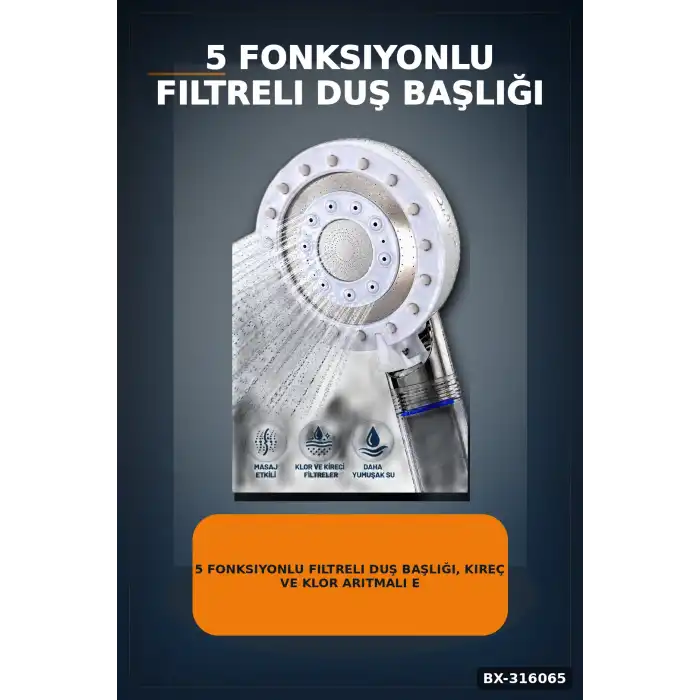 5 Fonksiyonlu Filtreli Duş Başlığı, Kireç ve Klor Arıtmalı El Duşu Beyaz BX-316065