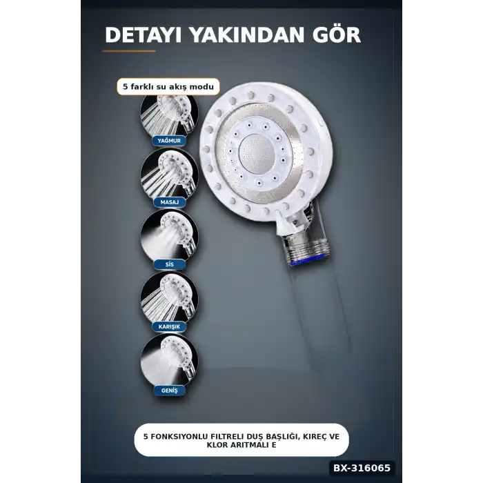 5 Fonksiyonlu Filtreli Duş Başlığı, Kireç ve Klor Arıtmalı El Duşu Beyaz BX-316065