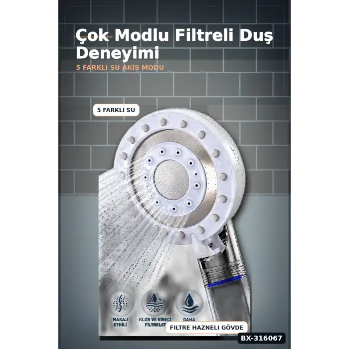 Filtreli Duş Başlığı 5 Fonksiyonlu Masaj Etkili Klor Kireç Önleyici El Duşu BX-316067