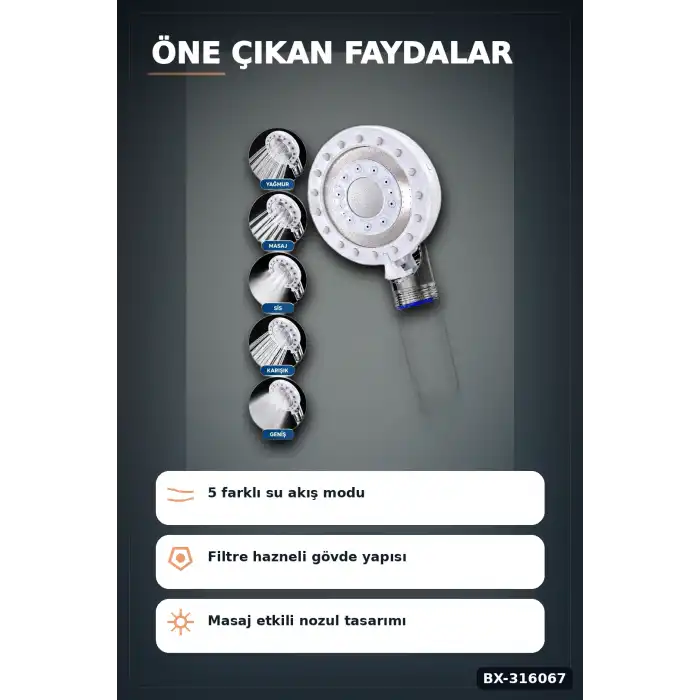 Filtreli Duş Başlığı 5 Fonksiyonlu Masaj Etkili Klor Kireç Önleyici El Duşu BX-316067