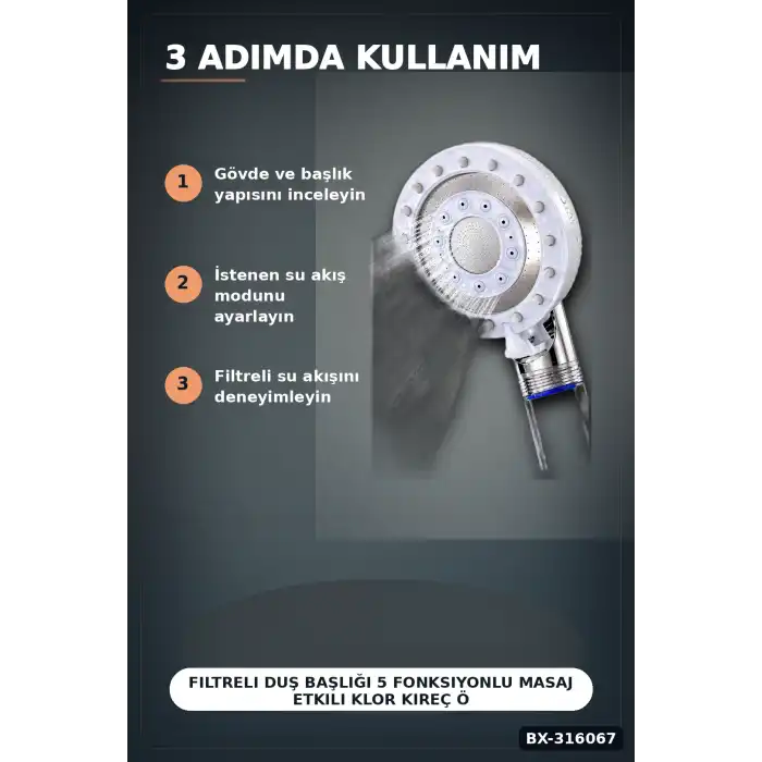 Filtreli Duş Başlığı 5 Fonksiyonlu Masaj Etkili Klor Kireç Önleyici El Duşu BX-316067