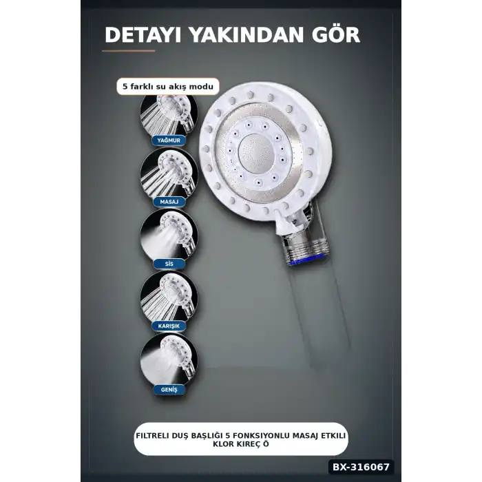 Filtreli Duş Başlığı 5 Fonksiyonlu Masaj Etkili Klor Kireç Önleyici El Duşu BX-316067