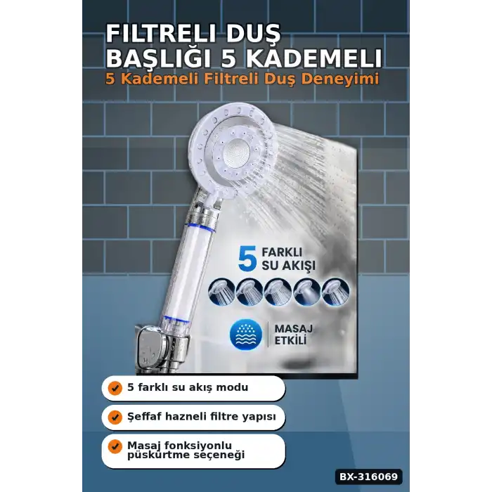 Filtreli Duş Başlığı 5 Kademeli Masaj Etkili Banyo El Duşu, Krom Detaylı BX-316069