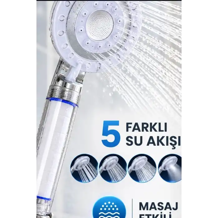 Filtreli Duş Başlığı 5 Kademeli Masaj Etkili Banyo El Duşu, Krom Detaylı BX-316069