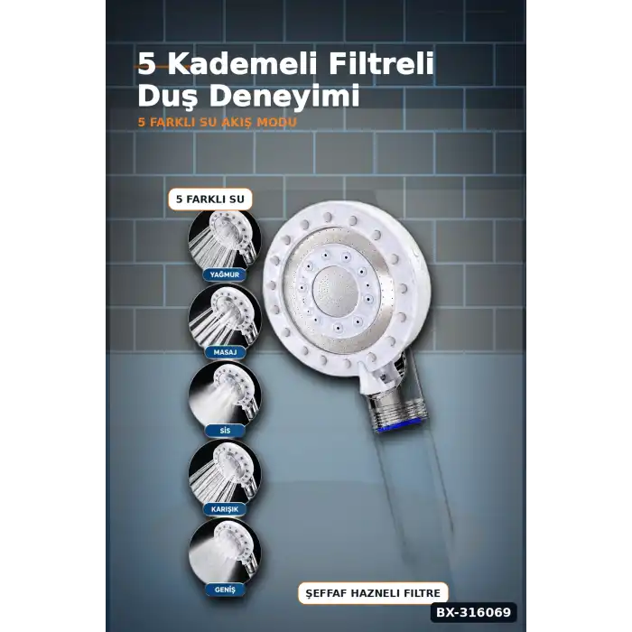 Filtreli Duş Başlığı 5 Kademeli Masaj Etkili Banyo El Duşu, Krom Detaylı BX-316069