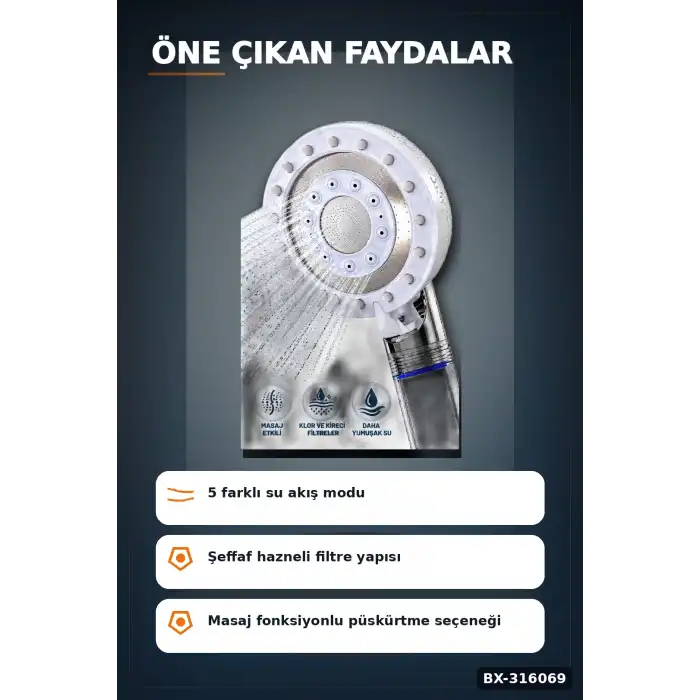 Filtreli Duş Başlığı 5 Kademeli Masaj Etkili Banyo El Duşu, Krom Detaylı BX-316069