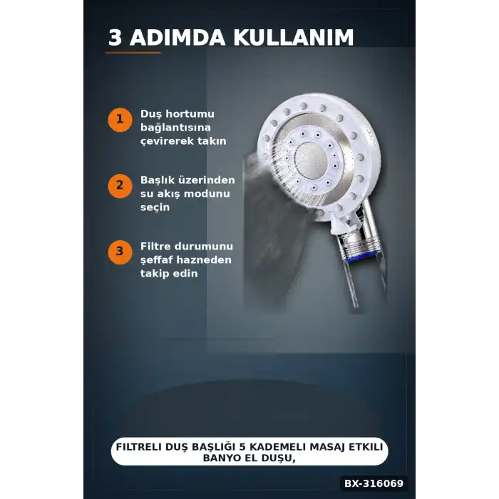 Filtreli Duş Başlığı 5 Kademeli Masaj Etkili Banyo El Duşu, Krom Detaylı BX-316069