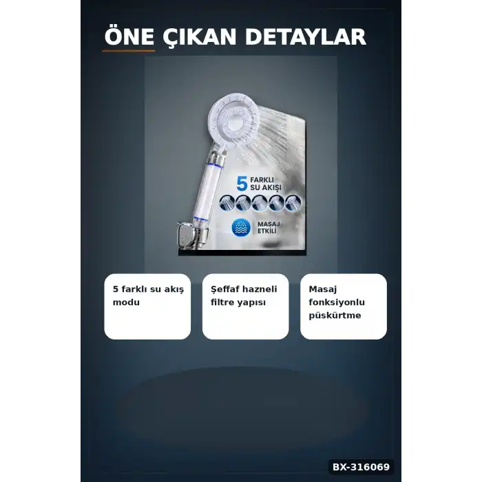 Filtreli Duş Başlığı 5 Kademeli Masaj Etkili Banyo El Duşu, Krom Detaylı BX-316069