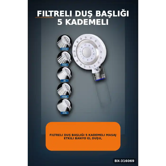 Filtreli Duş Başlığı 5 Kademeli Masaj Etkili Banyo El Duşu, Krom Detaylı BX-316069