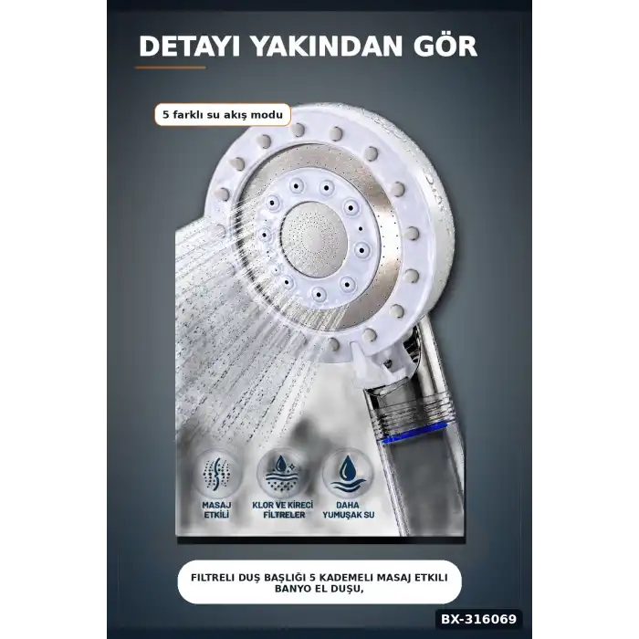 Filtreli Duş Başlığı 5 Kademeli Masaj Etkili Banyo El Duşu, Krom Detaylı BX-316069