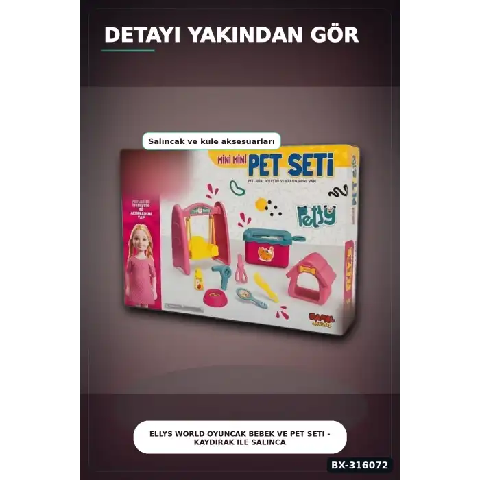 Ellys World Oyuncak Bebek ve Pet Seti - Kaydırak ile Salıncak Oyun Seti BX-316072