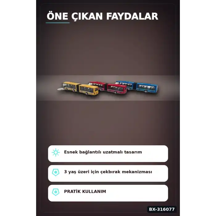 Metal Çekbırak Otobüs Oyuncağı 1 Adet, Çocuklar İçin Kutulu Model Taşıt BX-316077