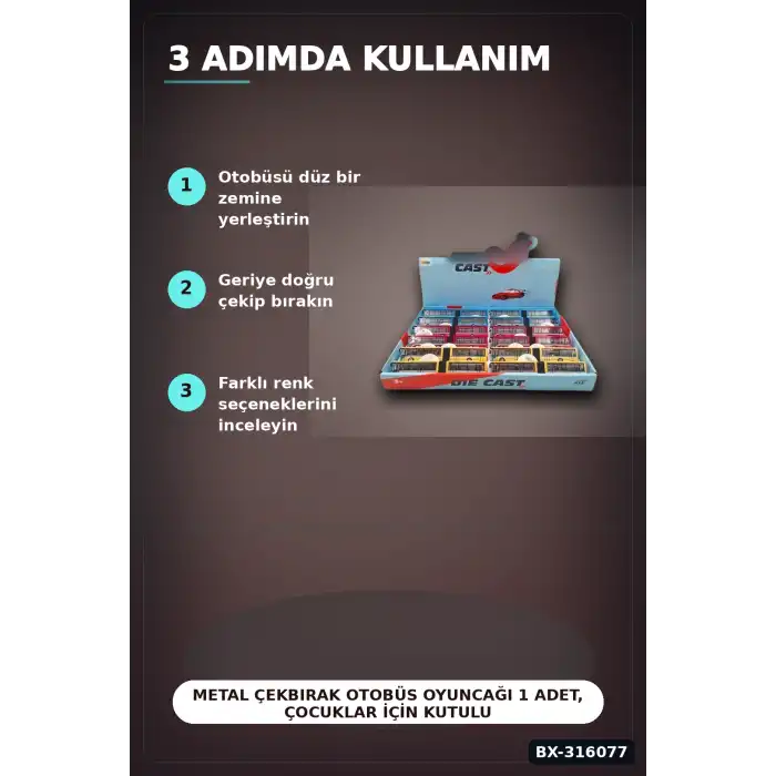 Metal Çekbırak Otobüs Oyuncağı 1 Adet, Çocuklar İçin Kutulu Model Taşıt BX-316077