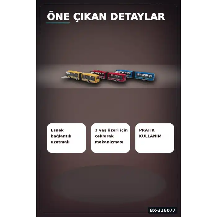 Metal Çekbırak Otobüs Oyuncağı 1 Adet, Çocuklar İçin Kutulu Model Taşıt BX-316077