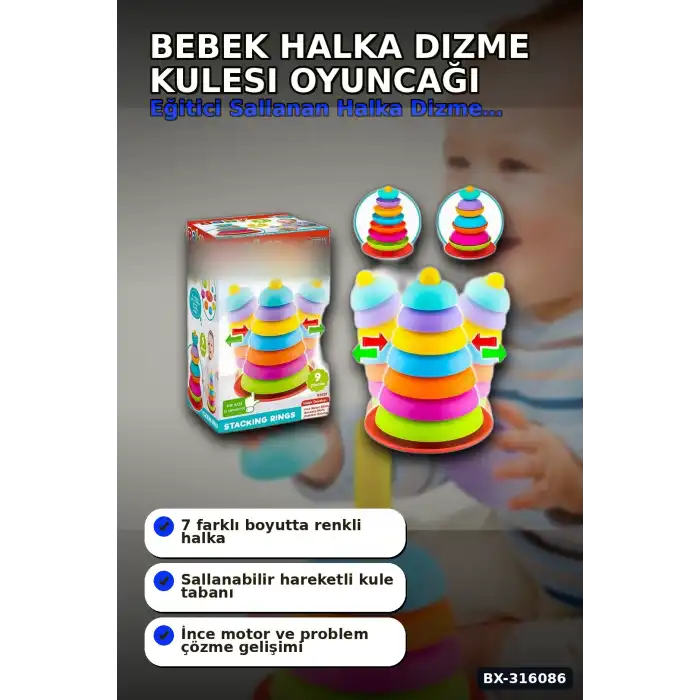 Bebek Halka Dizme Kulesi Oyuncağı 9 Parça - Sallanan Tabanlı Eğitici Set BX-316086