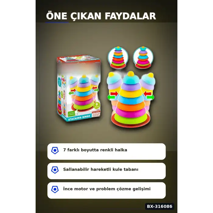 Bebek Halka Dizme Kulesi Oyuncağı 9 Parça - Sallanan Tabanlı Eğitici Set BX-316086