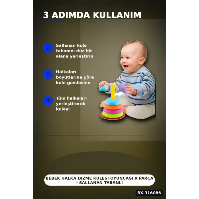 Bebek Halka Dizme Kulesi Oyuncağı 9 Parça - Sallanan Tabanlı Eğitici Set BX-316086