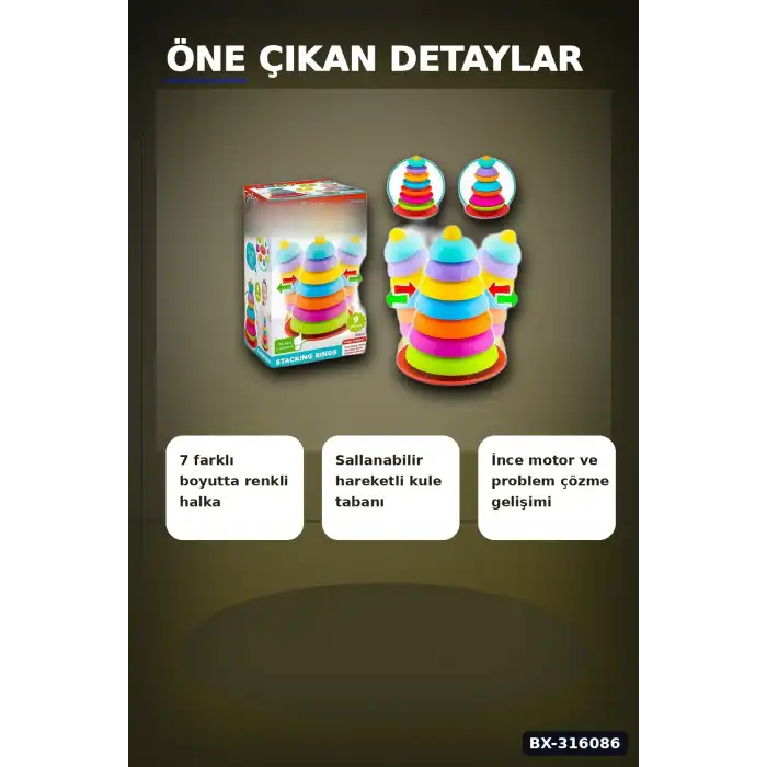 Bebek Halka Dizme Kulesi Oyuncağı 9 Parça - Sallanan Tabanlı Eğitici Set BX-316086