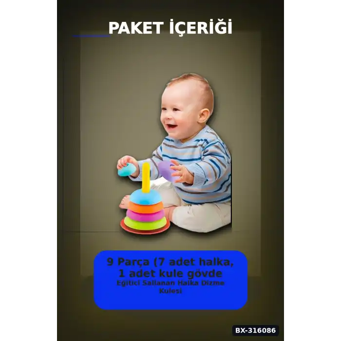 Bebek Halka Dizme Kulesi Oyuncağı 9 Parça - Sallanan Tabanlı Eğitici Set BX-316086