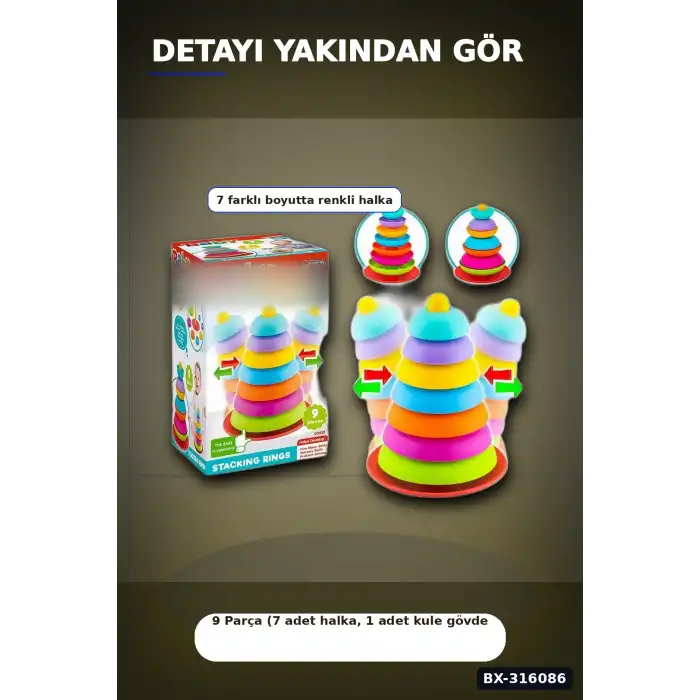 Bebek Halka Dizme Kulesi Oyuncağı 9 Parça - Sallanan Tabanlı Eğitici Set BX-316086