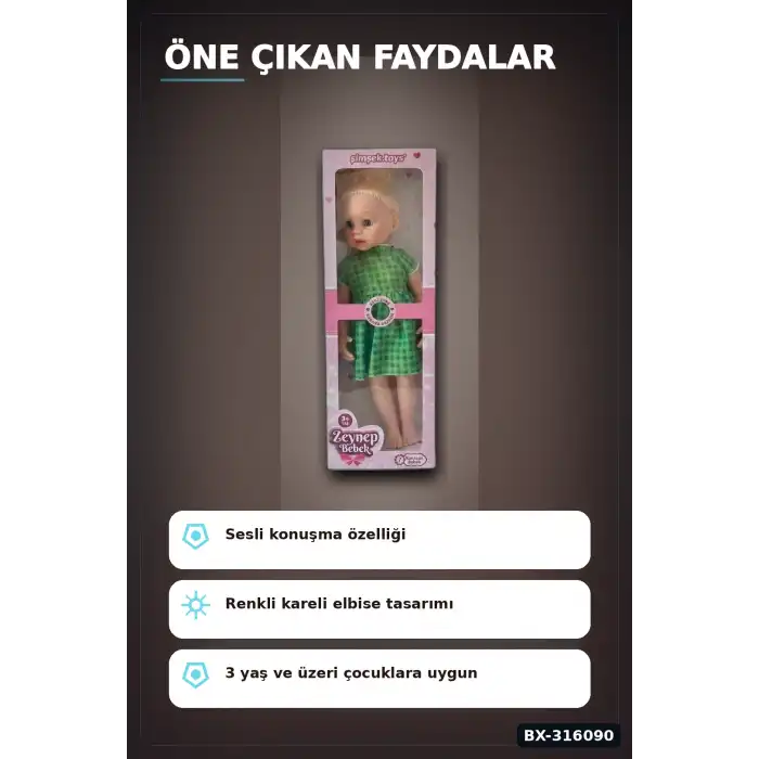 Konuşan Zeynep Oyuncak Bebek 58 cm Sert Bacaklı Sesli Çocuk Oyun Arkadaşı BX-316090