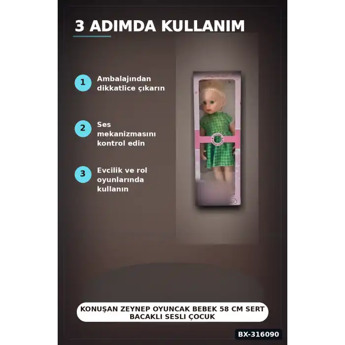 Konuşan Zeynep Oyuncak Bebek 58 cm Sert Bacaklı Sesli Çocuk Oyun Arkadaşı BX-316090