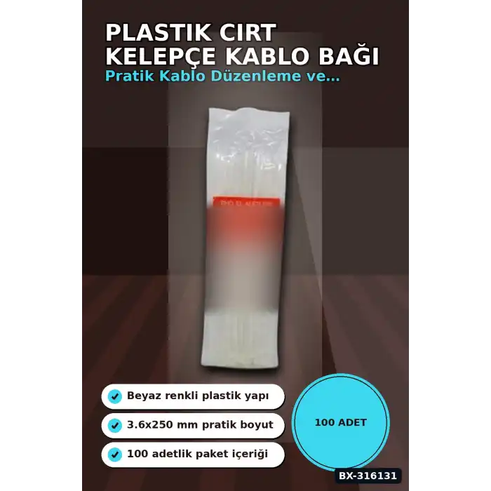 Kablo Bağı Plastik Cırt Kelepçe Beyaz 3.6x250 mm Düzenleyici Paket 100 Adet BX-316131