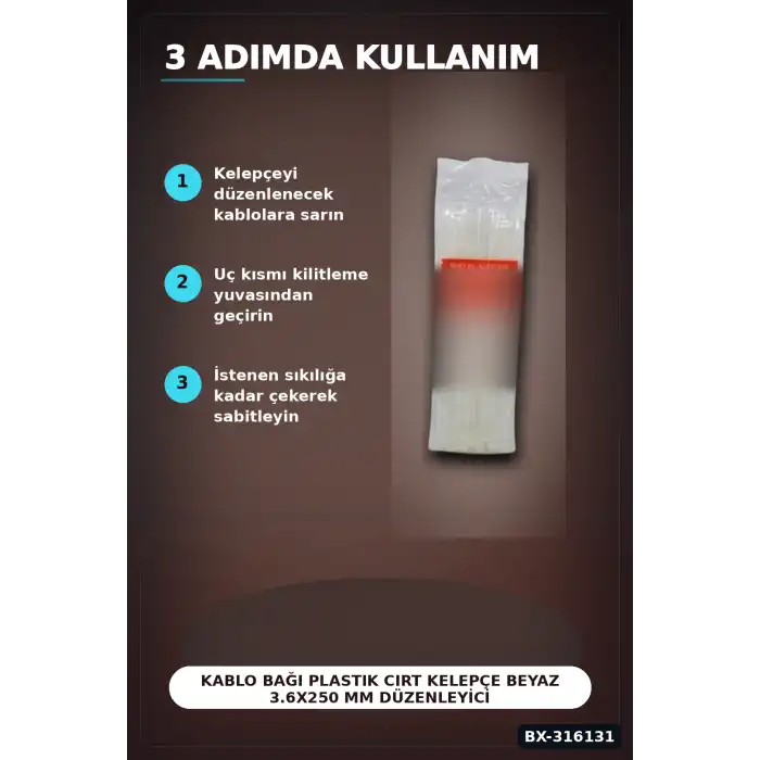 Kablo Bağı Plastik Cırt Kelepçe Beyaz 3.6x250 mm Düzenleyici Paket 100 Adet BX-316131