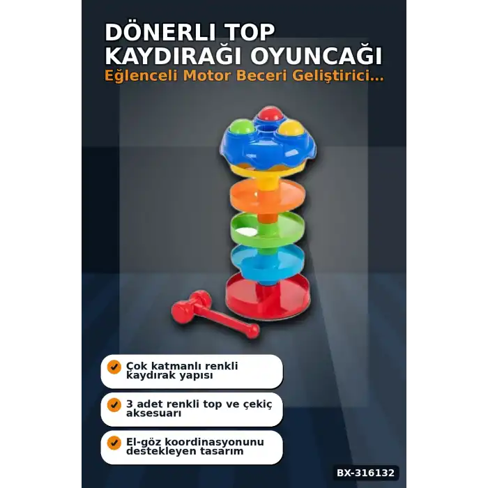 Dönerli Top Kaydırağı Oyunu 3 Toplu Potalı Kule, 24+ Ay Bebek Gelişim Oyuncağı BX-316132