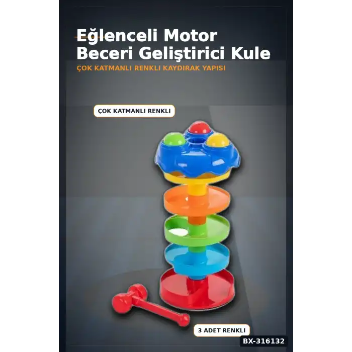 Dönerli Top Kaydırağı Oyunu 3 Toplu Potalı Kule, 24+ Ay Bebek Gelişim Oyuncağı BX-316132