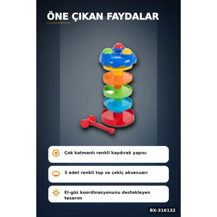 Dönerli Top Kaydırağı Oyunu 3 Toplu Potalı Kule, 24+ Ay Bebek Gelişim Oyuncağı BX-316132