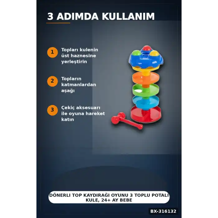 Dönerli Top Kaydırağı Oyunu 3 Toplu Potalı Kule, 24+ Ay Bebek Gelişim Oyuncağı BX-316132
