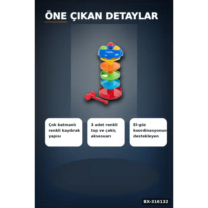 Dönerli Top Kaydırağı Oyunu 3 Toplu Potalı Kule, 24+ Ay Bebek Gelişim Oyuncağı BX-316132