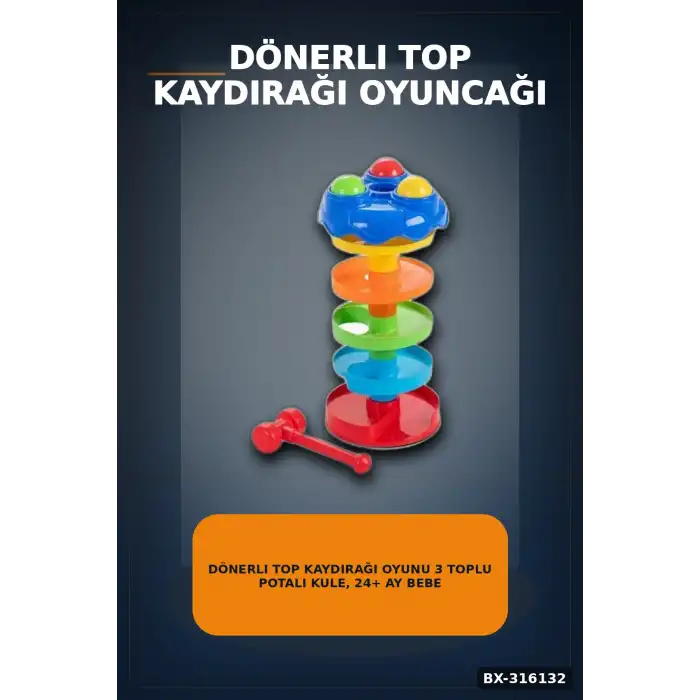 Dönerli Top Kaydırağı Oyunu 3 Toplu Potalı Kule, 24+ Ay Bebek Gelişim Oyuncağı BX-316132