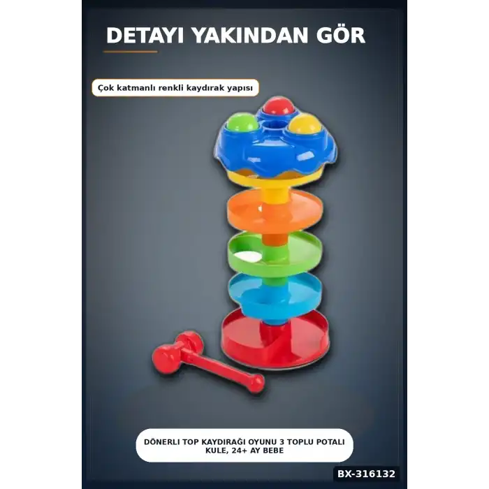 Dönerli Top Kaydırağı Oyunu 3 Toplu Potalı Kule, 24+ Ay Bebek Gelişim Oyuncağı BX-316132