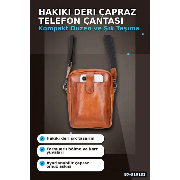 Hakiki Deri Çapraz Telefon Çantası 14x19 cm Kartlıklı El Yapımı Omuz Çantası BX-316133