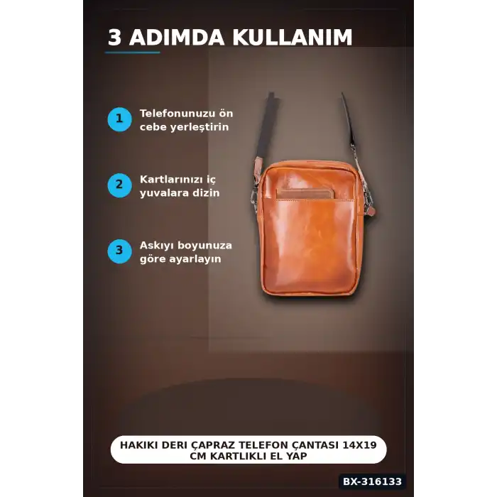 Hakiki Deri Çapraz Telefon Çantası 14x19 cm Kartlıklı El Yapımı Omuz Çantası BX-316133