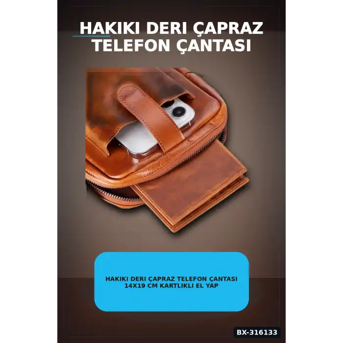 Hakiki Deri Çapraz Telefon Çantası 14x19 cm Kartlıklı El Yapımı Omuz Çantası BX-316133