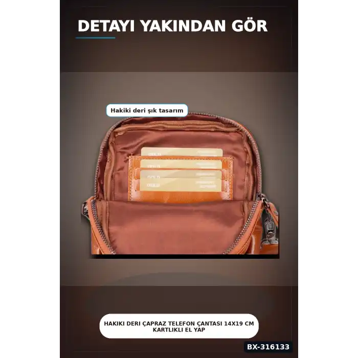 Hakiki Deri Çapraz Telefon Çantası 14x19 cm Kartlıklı El Yapımı Omuz Çantası BX-316133