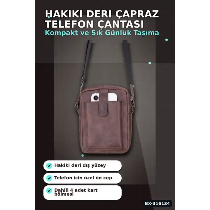 Hakiki Deri Çapraz Telefon Çantası 14x19 cm Kartlıklı Ayarlanabilir Askılı El Yapımı BX-316134