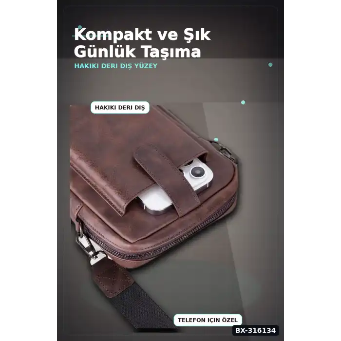 Hakiki Deri Çapraz Telefon Çantası 14x19 cm Kartlıklı Ayarlanabilir Askılı El Yapımı BX-316134